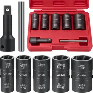 7-Piece Easy Out Extractor Set: Flip Lug Nut Tool, Double Size Sockets & 1/2" Adapter for Rounded, Rusted Fasteners
