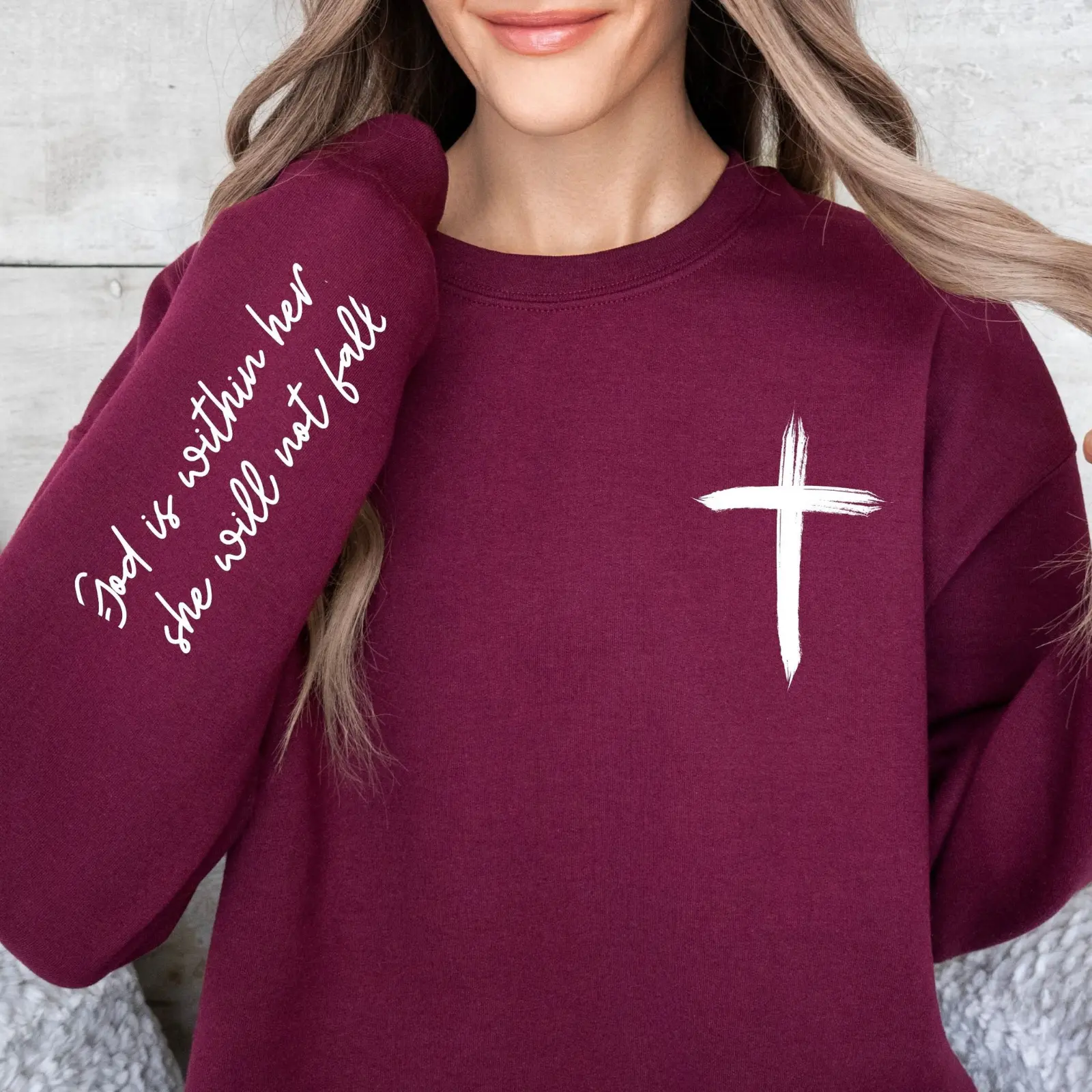 Cross Sweatshirt - God Is Within Her Sweatshirt with Quote on Sleeve - Christian Sweatshirt - Jesus Lover Gift