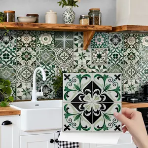 24PCS NHZ Green Moroccan/Spanish Vintage Floral Tile Stickers, PVC Crystal Film with Mirror Gloss, Peel & Stick Removable No Residue, Easy to Clean Waterproof Wall Decals for Kitchen Bathroom Bedroom Office Indoor Decor