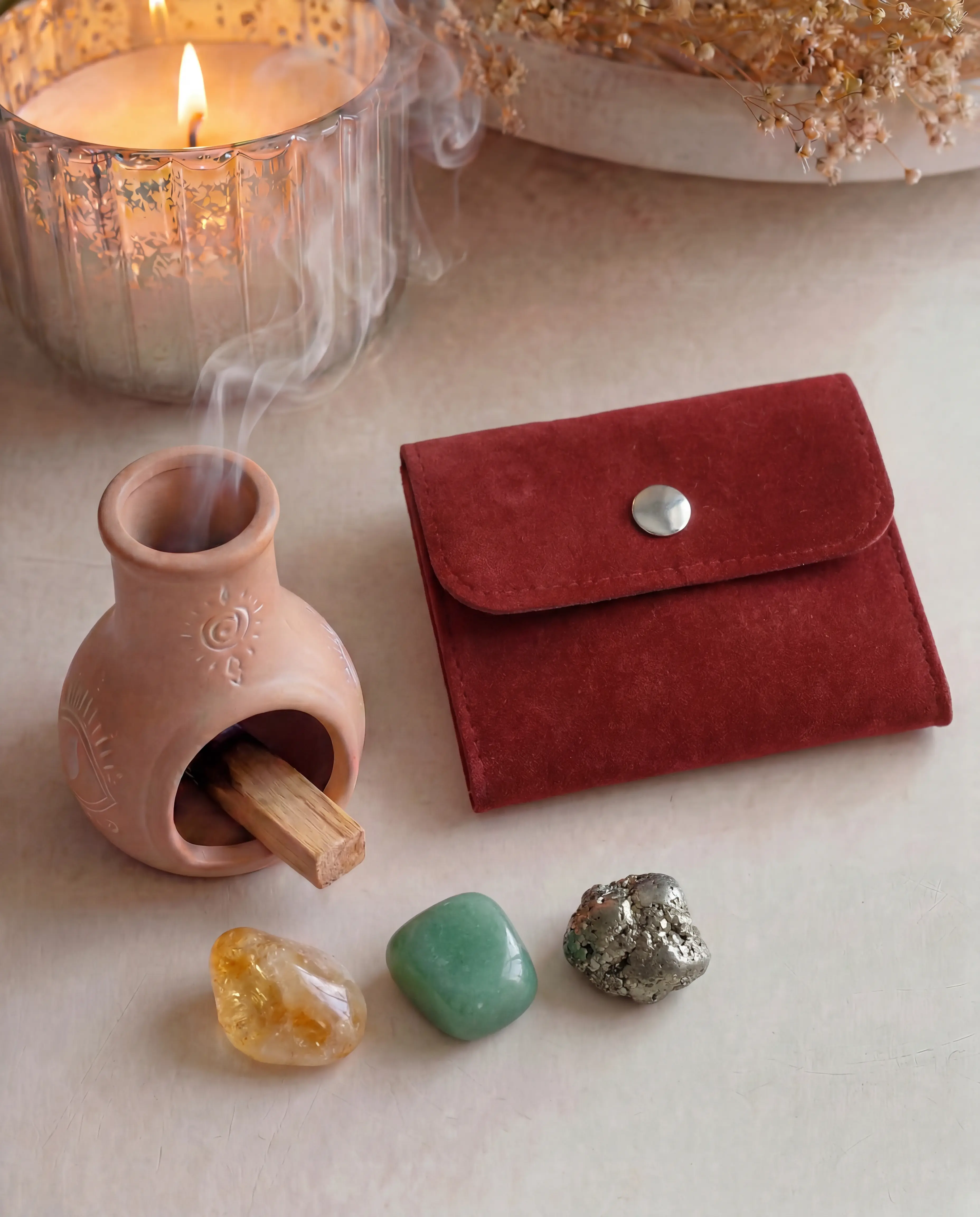 Money Crystal Trio Set Citrine, Green Aventurine & Pyrite with Custom Pouch & Palo Santo Gift
