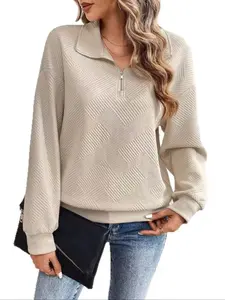 Women's Polo Collar Cozy Sweatshirt, Long Sleeve, Fashionable Simple Jacquard Zipper Design, Casual Style Pullover Top for Daily Wear