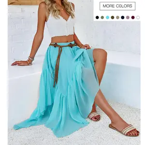 Danedvi Womens Summer Boho Maxi Skirt Casual Asymmetric High-Low Hem Flowy Bohemia Long Skirt Elegant Denim