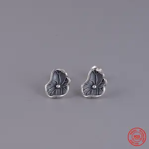 Punk Retro 100% 925 Sterling Silver Lotus Leaf Stud Earrings Personality Jewelry Chinese Gift