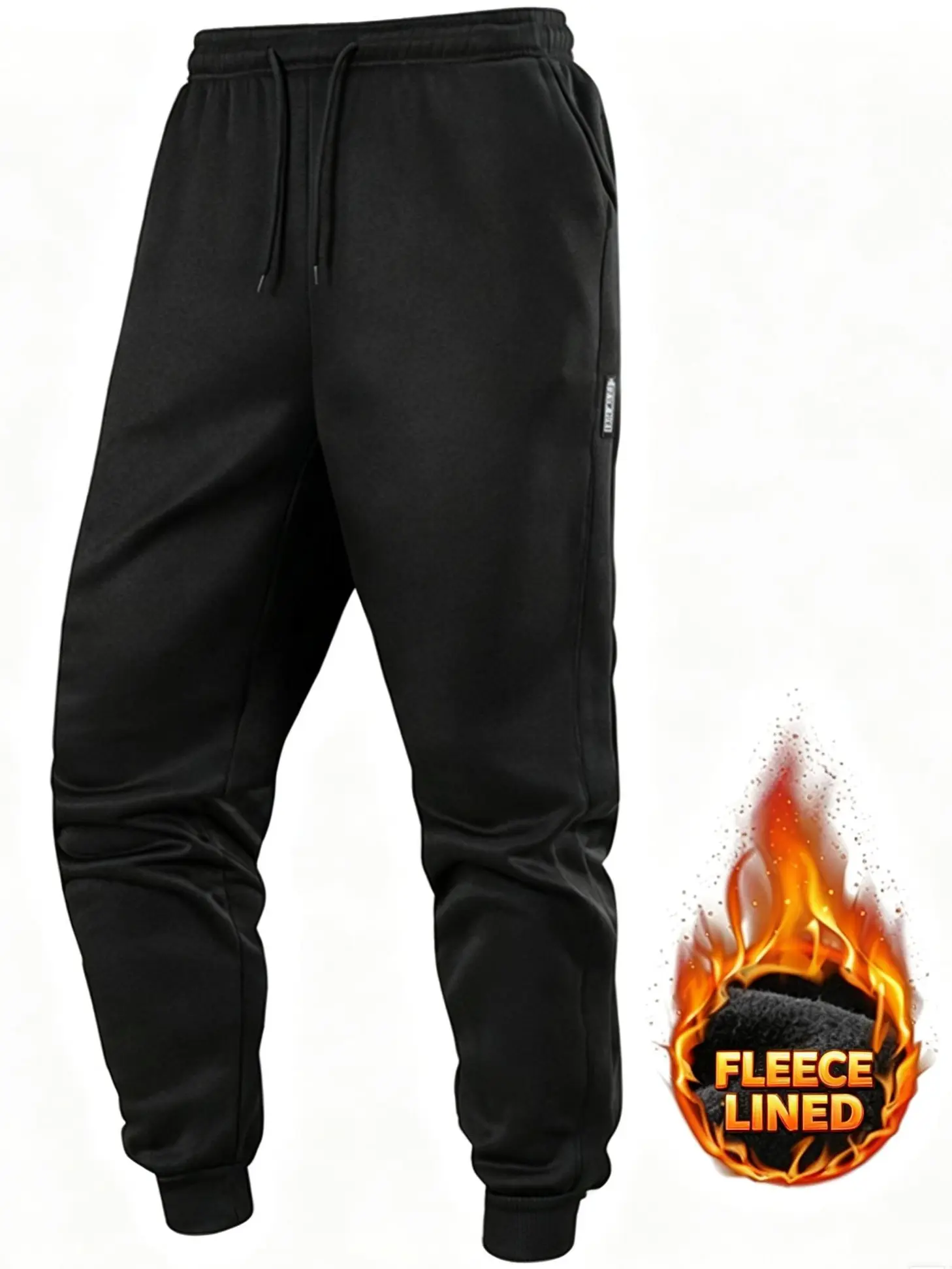 Men’s fleece-lined jogging pants with an elastic waistband featuring a drawstring and rolled cuffs—warm winter casual joggers for running and streetwear. Available in multiple colors; if you prefer a looser fit, we recommend ordering one size up.
