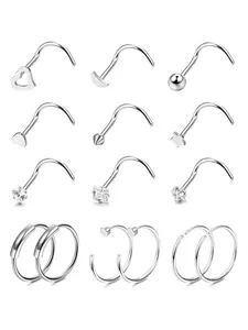 15 Pcs Silvery Tiny Piercing Jewelry Set for Women Men 20G Stainless Steel Screw Nose Stud Hoop Rings Body Piercing Jewelry Set Cute Simple Shining CZ Heart Ball Star Moon Decorations
