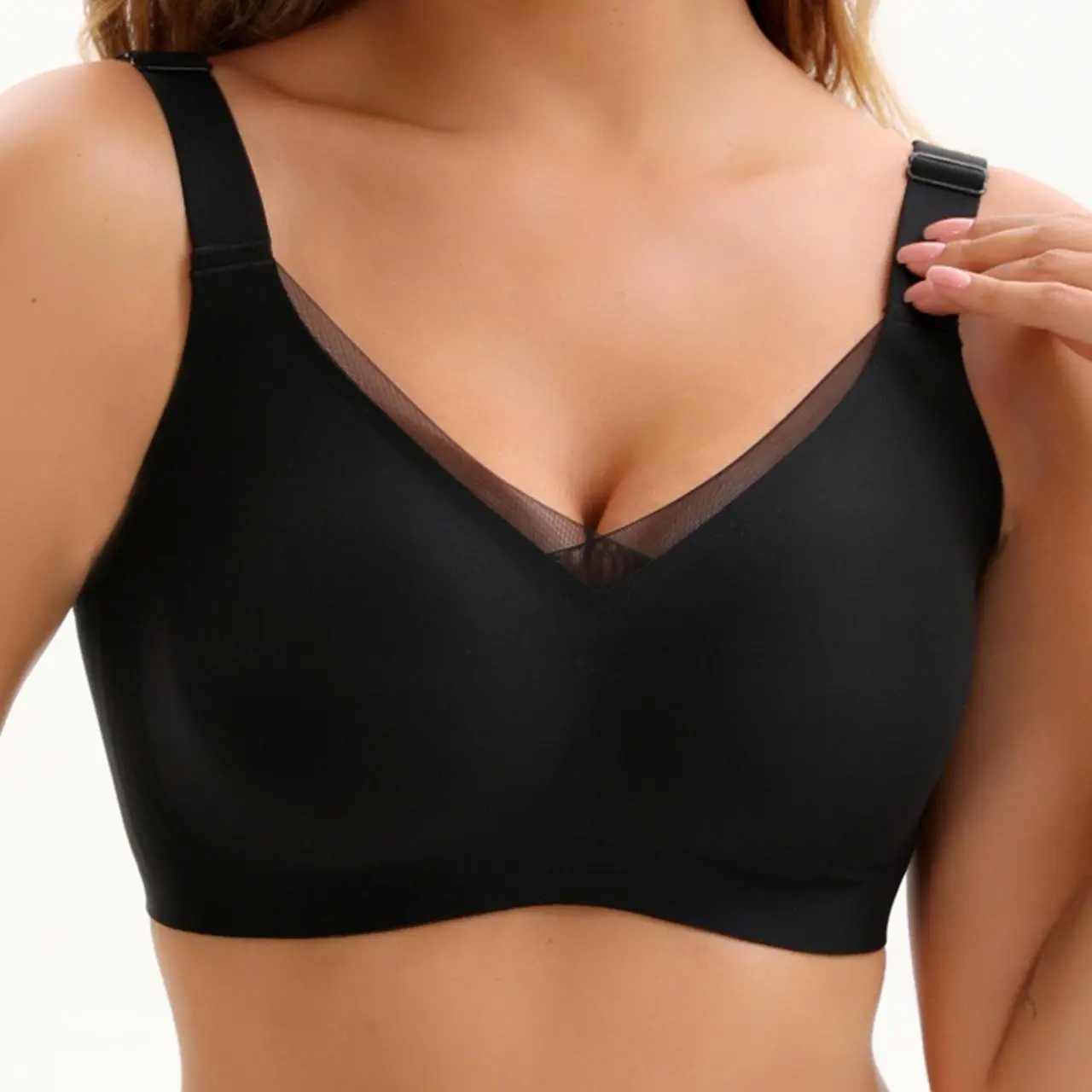 VRCOMFY  Jelly Wireless Womens Bra No Underwire Seamless Wireless Bra with Soft Support V Neck Mesh Bras Lace Bralette Everyday Bra Elegant Clothes
