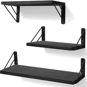 Wall Shelves for Bedroom Decor, Floating Shelves for Wall Storage, Wall Mounted Rustic Wood Shelf for Books,Plants,Small Wall Shelf for Bathroom,Kitchen,Living Room(Black，Set of 3) Industrial Wooden Matte Metal