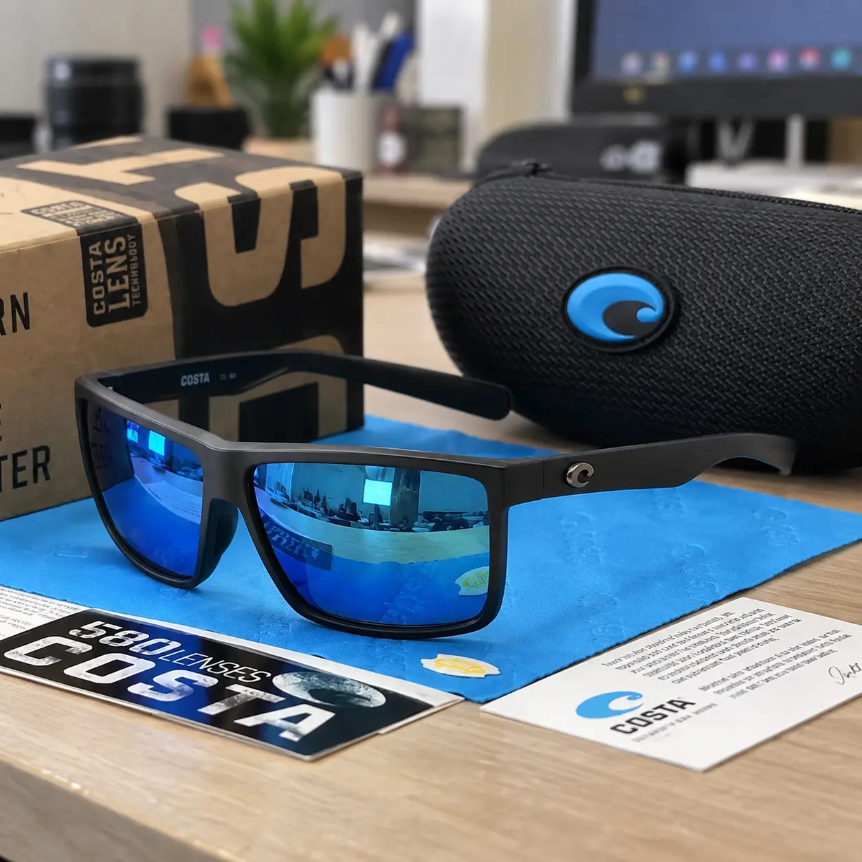 Costa 580 Polarized Sunglasses for Men – Blue Mirror Lenses, Matte Black Sport Rectangle Frame, Anti-Glare UV Protection Fishing Boating Driving Outdoor Sunglasses