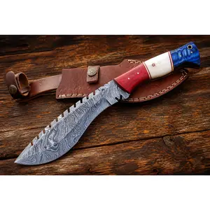 Hand Forged Damascus Steel Kukri Knife – 11” Curved Blade with Buffalo Bone Handle & Leather Sheath (512 Layers)