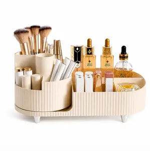 Rotating Makeup Organizer with Large Capacity, 360° Cosmetic Display Case for Vanity, Holds 20+ Makeup Brushes, 10 Lipsticks & 8 Skincare Products, Bathroom Countertop Storage Organizer