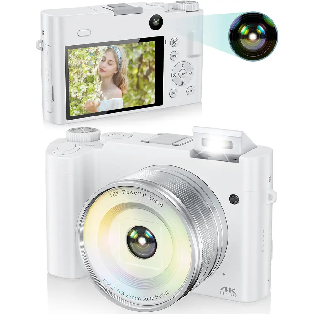 CAMKORY 2025 Newest 64MP Vlogging Point & Shoot Camera - Beginner Digital Camera with Flip Screen, Selfie Lens, Flash, 32GB Card, Dual Batteries, Charger, Lanyard, Compact Travel Option, Perfect Pearl White Gift, Camera Digital