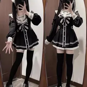 Jirai Kei Sailor Black Dress Lace Patchwork Slim Fit Dresses Japanese Sweet Inner Shorts Set JK School Uniform for Women Girls