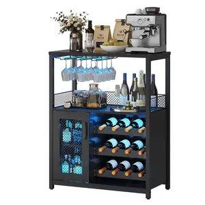 Garvee 3-Tier Wine Bar Cabinet with LED Light, Adjustable Shelves, Detachable Wine Rack, Mesh Door, and Glass Holder - Modern Multi-Functional Buffet Sideboard for Home, Dining Room, or Kitchen in Rustic Brown, Gray, or Black
