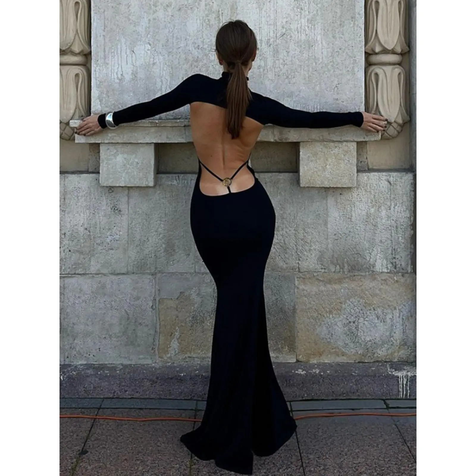Maestram Women's Solid Backless Bodycon Dress, Long Sleeve High Neck Maxi Dress for Party Club Holiday Street, Women's Clothing for Fall & Winter