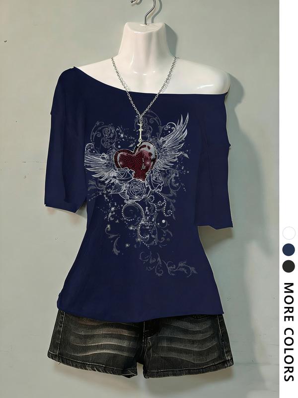 Women's Asymmetrical Neck Digital Print Summer Casual T-Shirt, Vintage Campus Style, Fashion Trend Letter Design