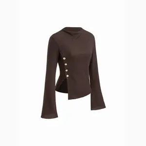 Cider Texture Stand Collar Bell Sleeve Split Side Metal Button Top