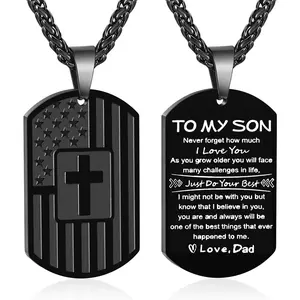 To My Son Dad Brother Husband Grandson Grandpa Boyfriend Man Dog Tag Cross Necklace Christian American Flag Birthday Graduation Gifts Jewelry for Men Boys