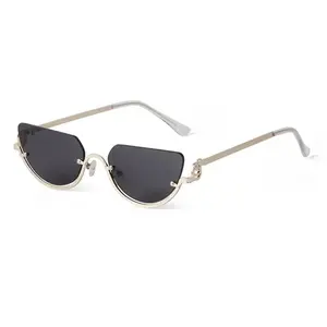 Retro Half-Frame Cat Eye Sunglasses for Women, 2026 Trendy Narrow Gold Semi-Rimless Y2K Feline Eye Eyeglass