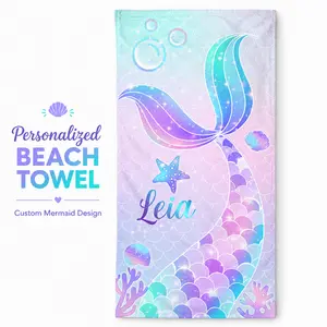 Custom Name Mermaid Beach Towel – Personalized Name Print, Soft Cotton Fabric, Dreamy Colorful Design (Shells, Starfish, Coral), Essential for Kids and Girls for Summer Pool and Beach