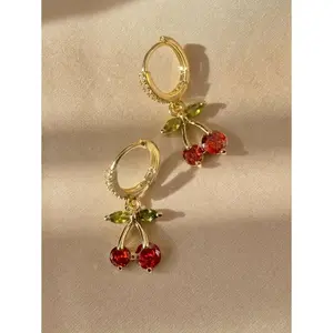 1pair Sweet Lovely Delicate Rhinestone Cherry Earrings, Suitable For Women