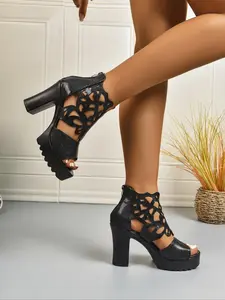 Women's Fashionable Solid Color Lace Up Back Heeled Sandals, Casual Comfortable Platform Sandals for Summer, Female All-match Round Toe Sandals for Daily Wear, Girl