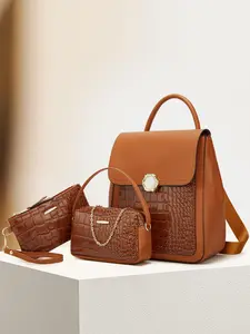 Women's Fashionable Crocodile Embossed Backpack & Wristlet & Handbag, Casual Versatile Bag Set for Daily Used, Trendy High-quality Daily Commuting Bag