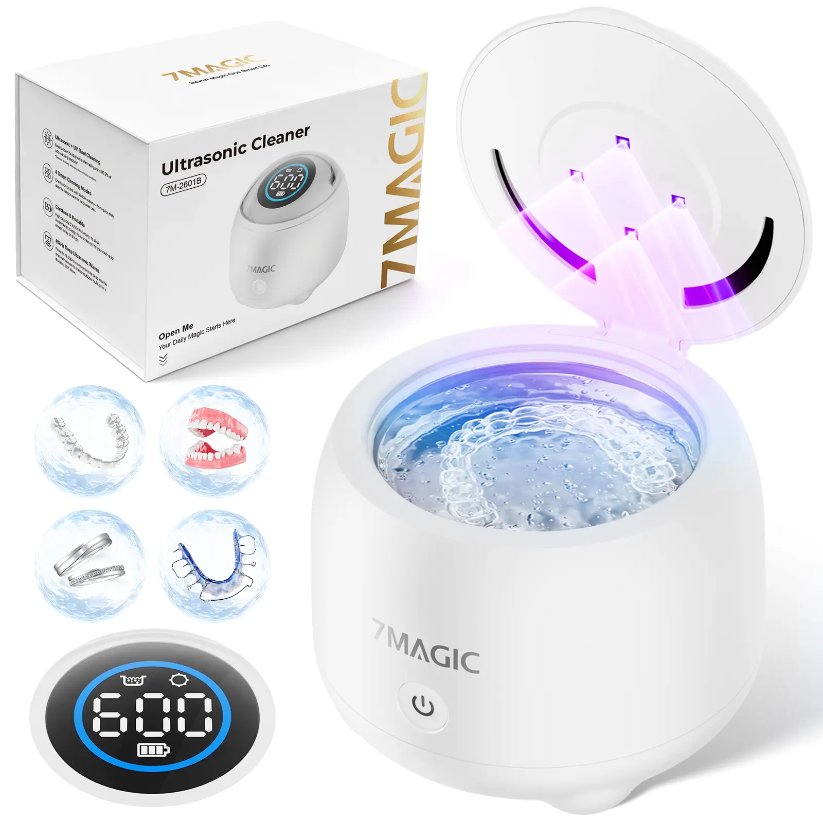 7MAGIC Ultrasonic Retainer Cleaner Machine, 48kHz Cordless Rechargeable Dental Cleaning Pod with UV-C, 200ml Cleaner for Retainers, Aligners, Dentures, Mouth Guards & Night Guards, Gift Set