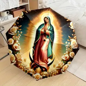 1PC Creative Fashion Folding Umbrella with Virgin Mary in Flowers Pattern, Suitable as a Birthday Gift, Valentine's Gift, for Various Holidays, Travel, and Gift-Giving