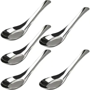 5 count 6" Stainless Steel Soup Spoons, Mirror Polished Long Handle Ramen Spoons for Bouillon Dessert Cereal Wonton Thai Miso Udon