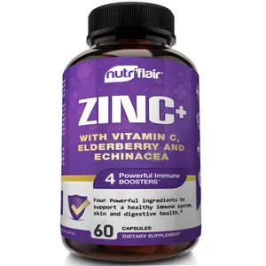 NutriFlair Zinc + Vitamin C, Elderberry, Echinacea Extract, 50mg Zinc Supplement for Immune & Cognitive Support, Dairy-Free, Vegan, 60 Capsules - Energy Antioxidants Probiotics