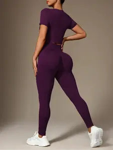 Women's Solid Crop Top & Pants Sports Set, Sporty Casual Breathable Comfortable Outfits for Yoga Gym Workout Running, Ladies Sportswear for All Seasons, Yoga Clothes Set