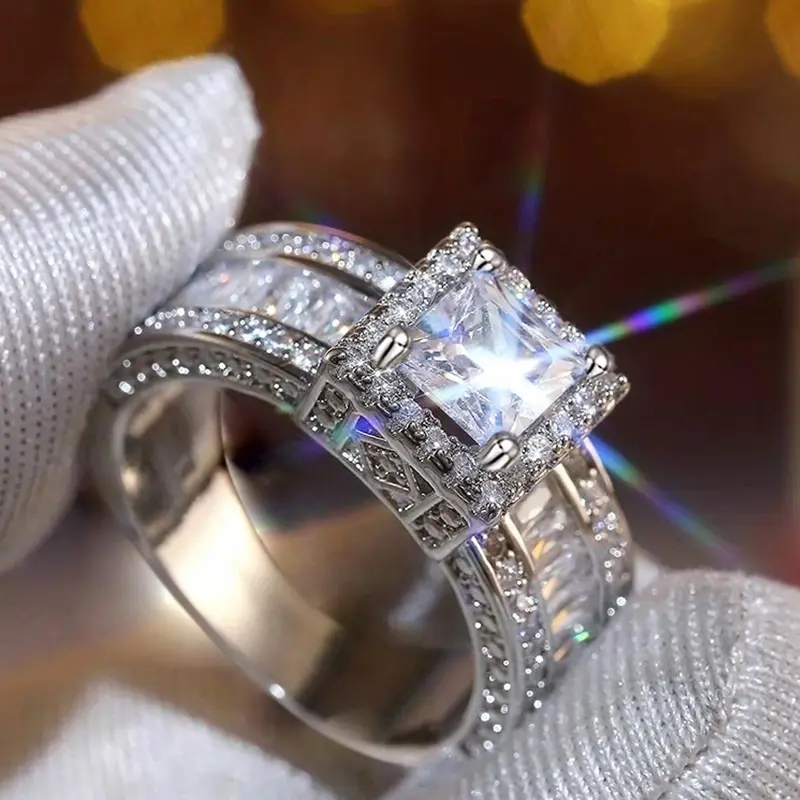 Princess Square Cut Bridal Ring Set, Elegant 2-Piece Cubic Zirconia Engagement and Wedding Band in S925 Silver Color with Gift Box, Bridal Rings, Stunning Ring Set