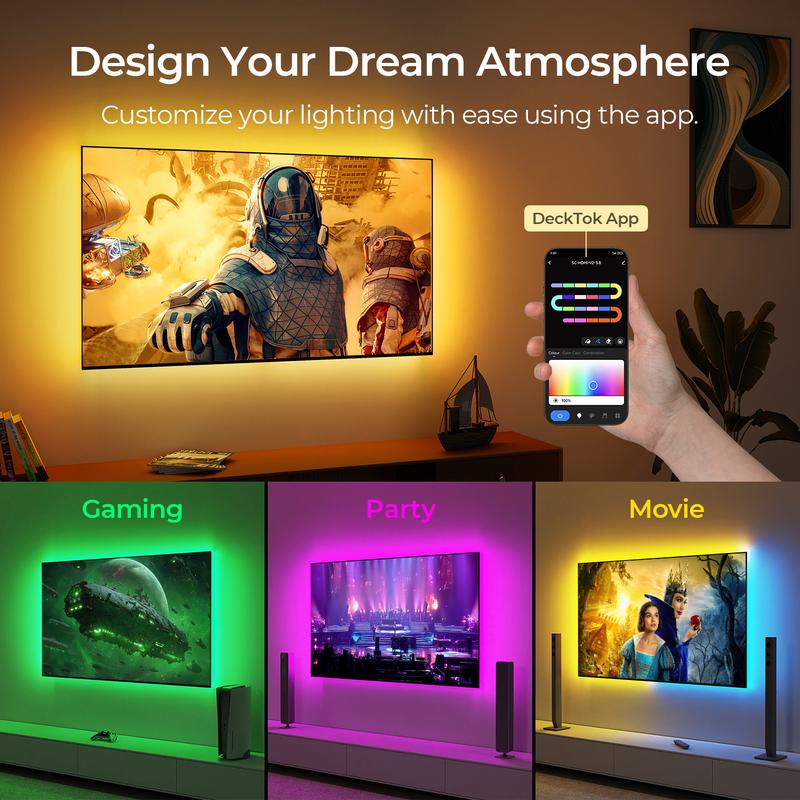 DECKTOK HDMI Sync TV Backlight – Smart RGB 3-Sided Lighting, Immersive Ambient Lights for Gaming & Movies