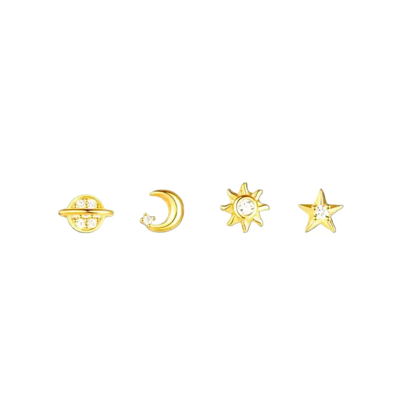 925 Sterling Silver Celestial Stud Earrings Set - 4 Pairs (Saturn, Moon, Star, Sun), Dainty Hypoallergenic Casual Jewelry for Women, Ideal for Ear Stacking, Date Night, Gifts & Sensitive Ears Solutions