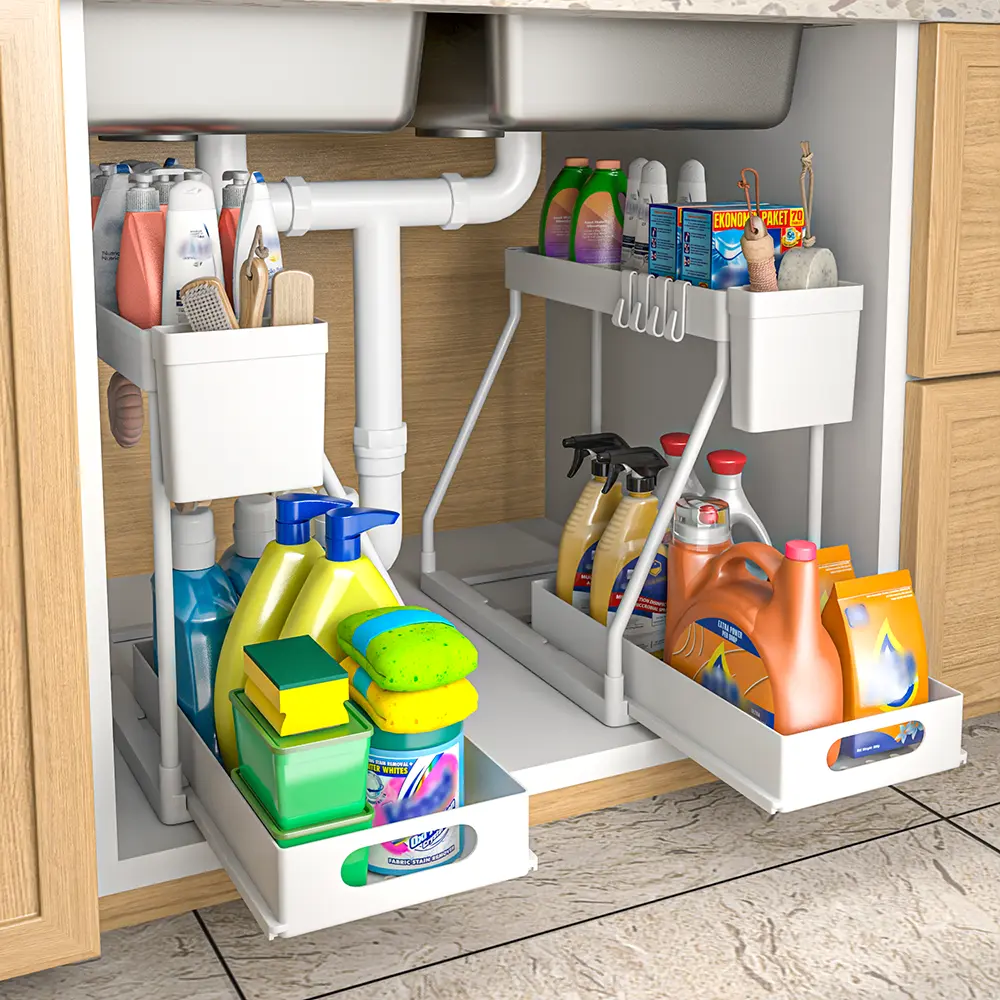 Set of 2 White 2-Tier Sliding Cabinet Basket Organizers with Hooks, Sliding Access Under Sink Fit Home Storage Racks for Bathroom, Kitchen