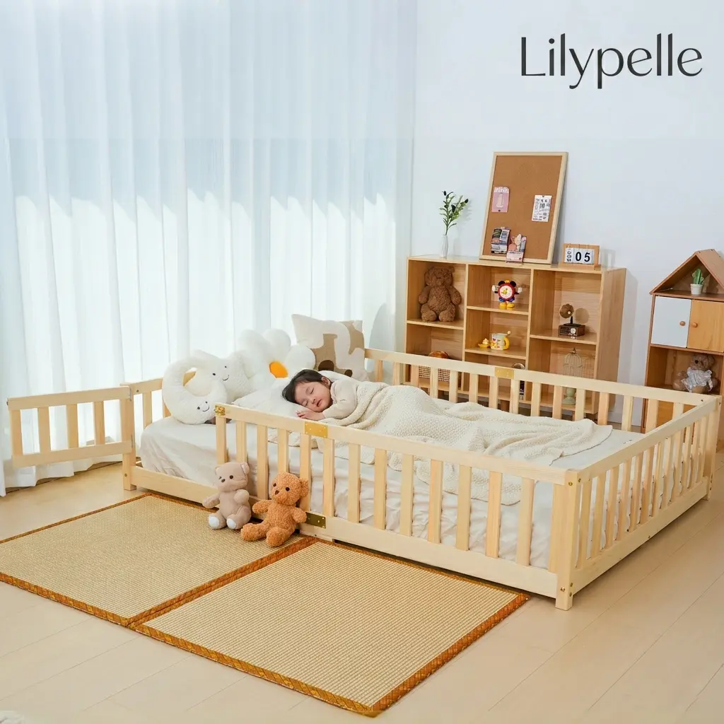 Lilypelle Twin Size Toddler Floor Bed, Solid Wood Montessori Bed Frame with Fence & Door Montessori Floor Bed Crib with Safety Guardrails for Girls and Boys