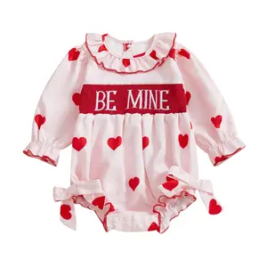 Newborn Baby Girl Valentines Day Smocked Bubble Romper Long Sleeve Doll Collar Heart Print Sweatshirt Infant Spring Onesie Bodysuit Outfit
