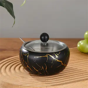 Stainless Steel Sugar Bowl with Glass Lid and Spoon, Dishwasher Safe, Wide Mouth Design for Elegant Kitchen Storage