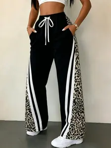 Women Leopard Print Joggers Camo Colorblock Sweatpants with Side Stripes Y2K Aesthetic Loose Track Pants for Girls Streetwear