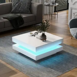 LED Coffee Table for Living Room, 2-Tier Modern Square Middle Center Table, Unique High Gloss Coffee Table with 16-Color Plug-in LED Light, Cocktail Tea Table for Home Office Reception Room, White