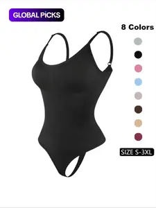 Women's Solid Spaghetti Strap Adjustable Strap Backless Underwear Shapewear Bodysuit, Casual Comfy Seamless Smooth Tummy Control Butt Lifting Bodysuit for Daily Wear, Ladies Shapewear for All Seasons