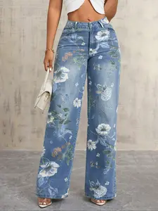 NVFelix High-Rise Vintage Floral Straight Leg Pants for Women Summer Casual Denim Pants Denim Clothing