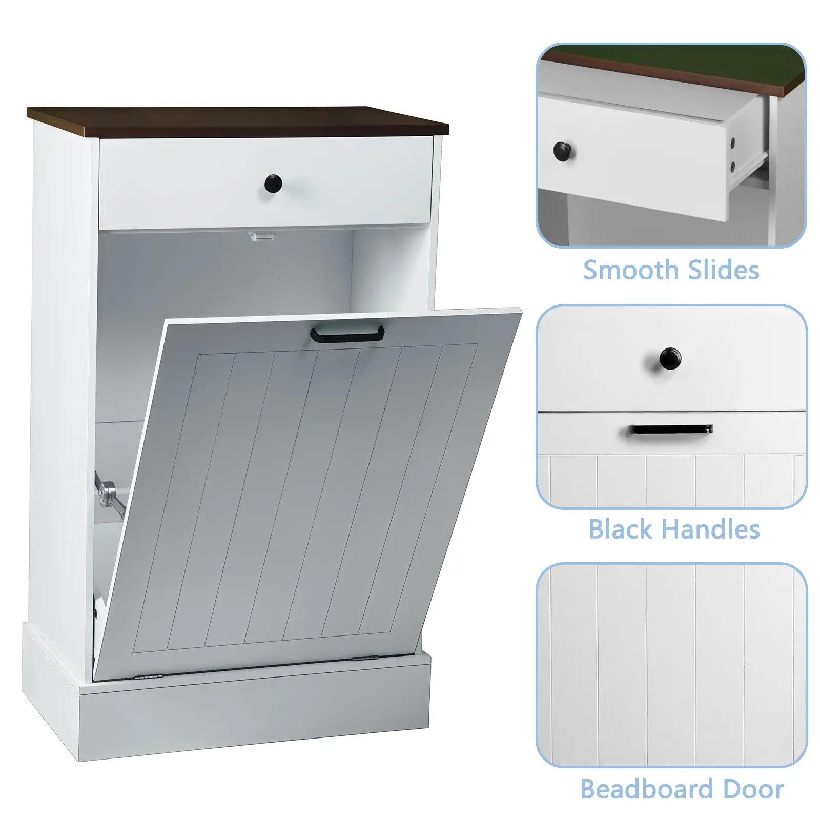 White Farmhouse Wooden Multifunctional Tilt-Out Trash Can Cabinet - 10Gal Capacity, Tilting Lid, 2 Additional Drawers, Free-Standing Space-Saver for Kitchen Hidden Garbage & Laundry Storage, Two Additional Drawers