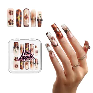 Luxury Reusable Press-On Nails | Handmade 10pcs Winter Brown Gradient Nailset with Cherry Decor, French Floral Accents, Tortoise Shell Details & a Glossy Acrylic Finish – NailAppife