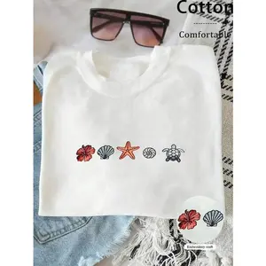 1 piece women's casual sweatshirt with shell embroidery, minimalist beach style hoodie, nautical style hoodie for summer, ocean lover print t-shirt, surf style round neck t-shirt as a holiday gift