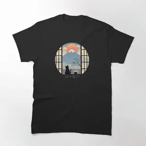 Coffee Cat in Mt. Fujii Classic Graphic Tee T-shirt - Unisex Streetwear Sport Style, Vintage Baseball Shirt, Gift for Women, Gift for  Men