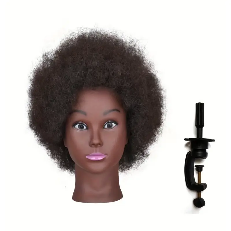 [100% Human Hair Mannequin Head] African Mannequin Head With 100% Human Hair, Curly Cosmetology Manikin Mannequins Heads With Stand For Display Practice Braiding Styling Training Head Hair Styling Afro