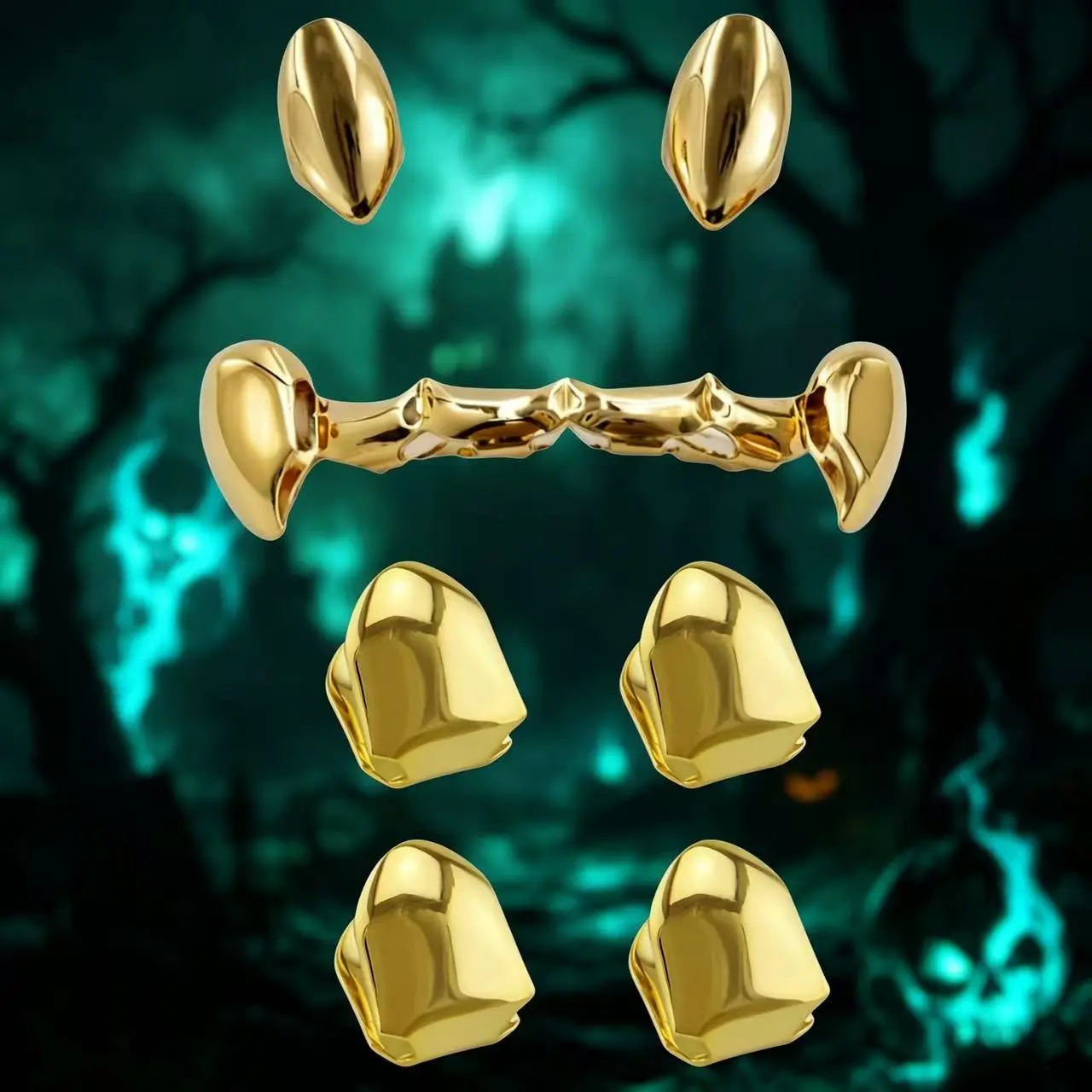 Shiny Gold Plated Vampire Fang Grillz Set, Removable Hip Hop Dental Teeth Caps, Punk Vampire Cosplay Accessories, Ideal Jewelry for Halloween Party, Club Bar, Rapper Show, Unisex Costume Gift for Men Women