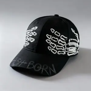 Baseball Hat Hand Painted Black with White Skeleton Hand Design and "BORN" Text