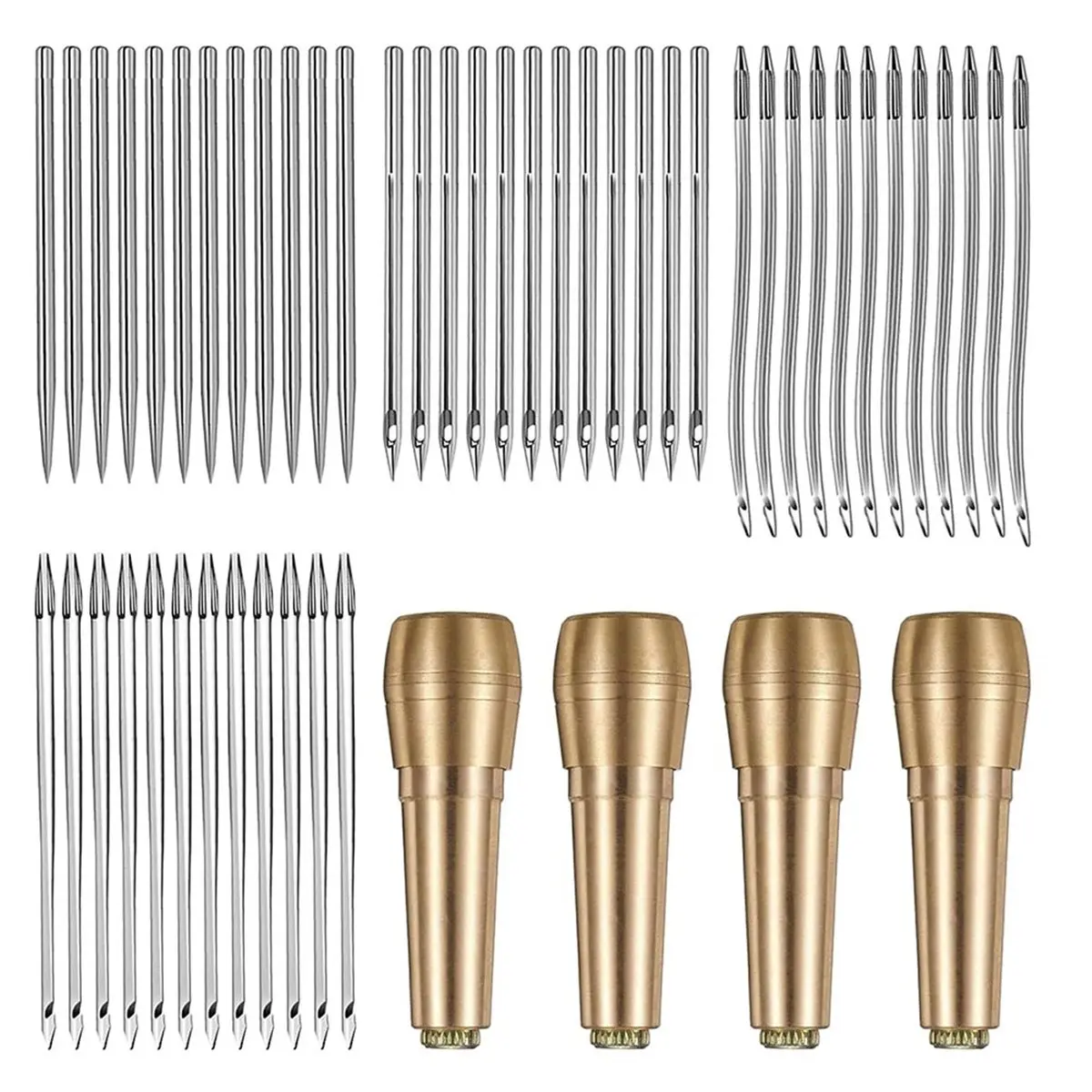 Sewing Awl Needles, 52Pcs Leather Sewing Kit 36Pcs Straight Needle + 12Pcs Curved Crochet Needle + 4Pcs Copper Handle